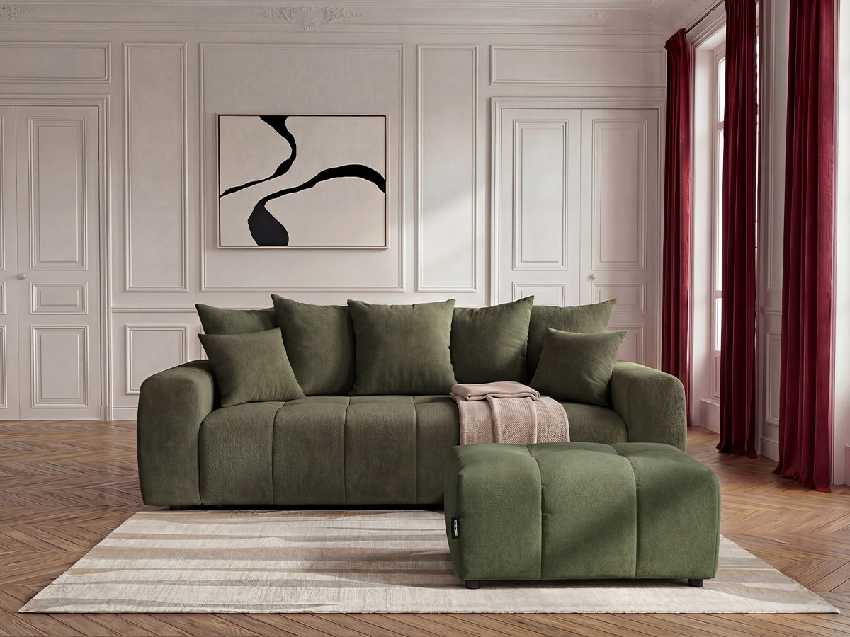 Canapé 3 places convertible ROXELANE chiné avec pouf vert — vue 4