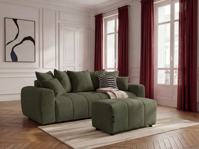 Canapé 3 places convertible ROXELANE tissu chiné avec pouf