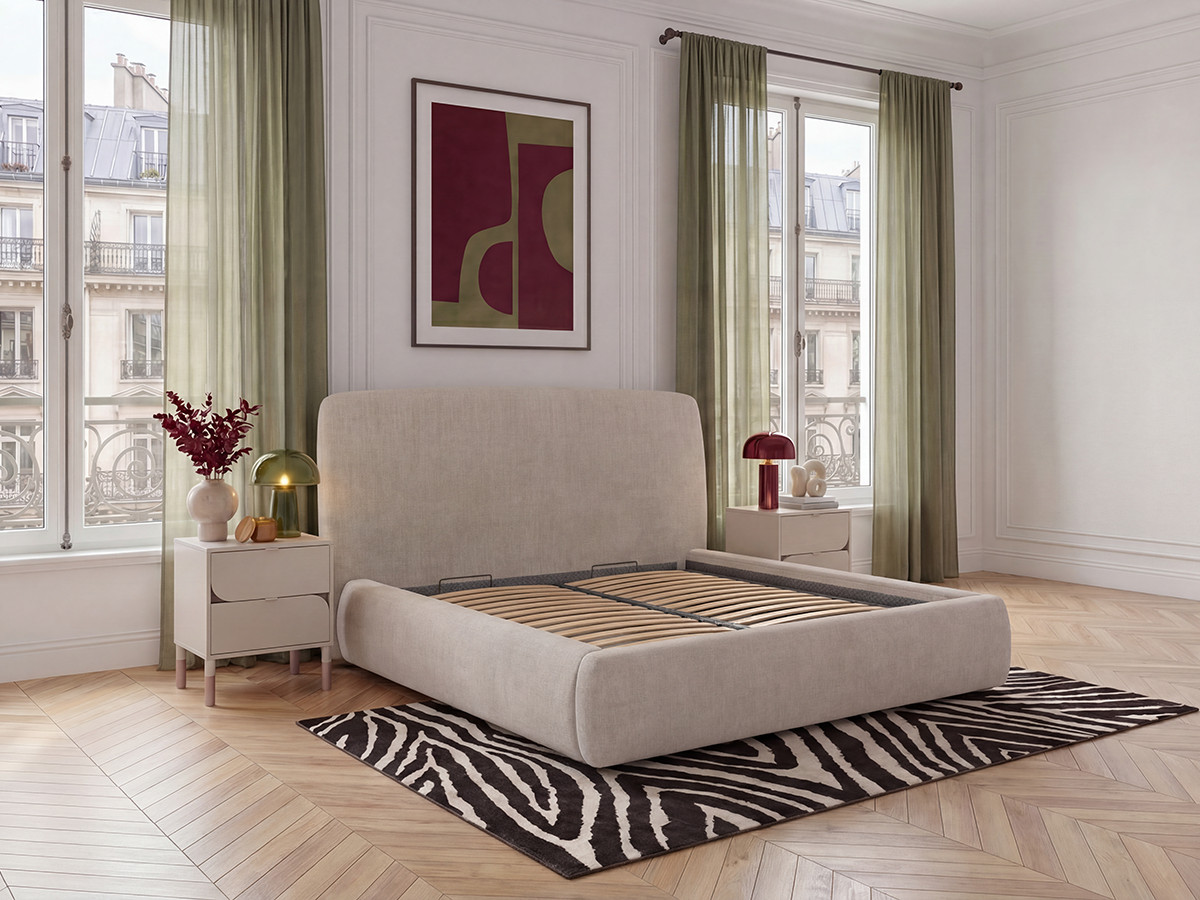 Boxspringbed ELIXA met opbergruimte in getextureerde stof