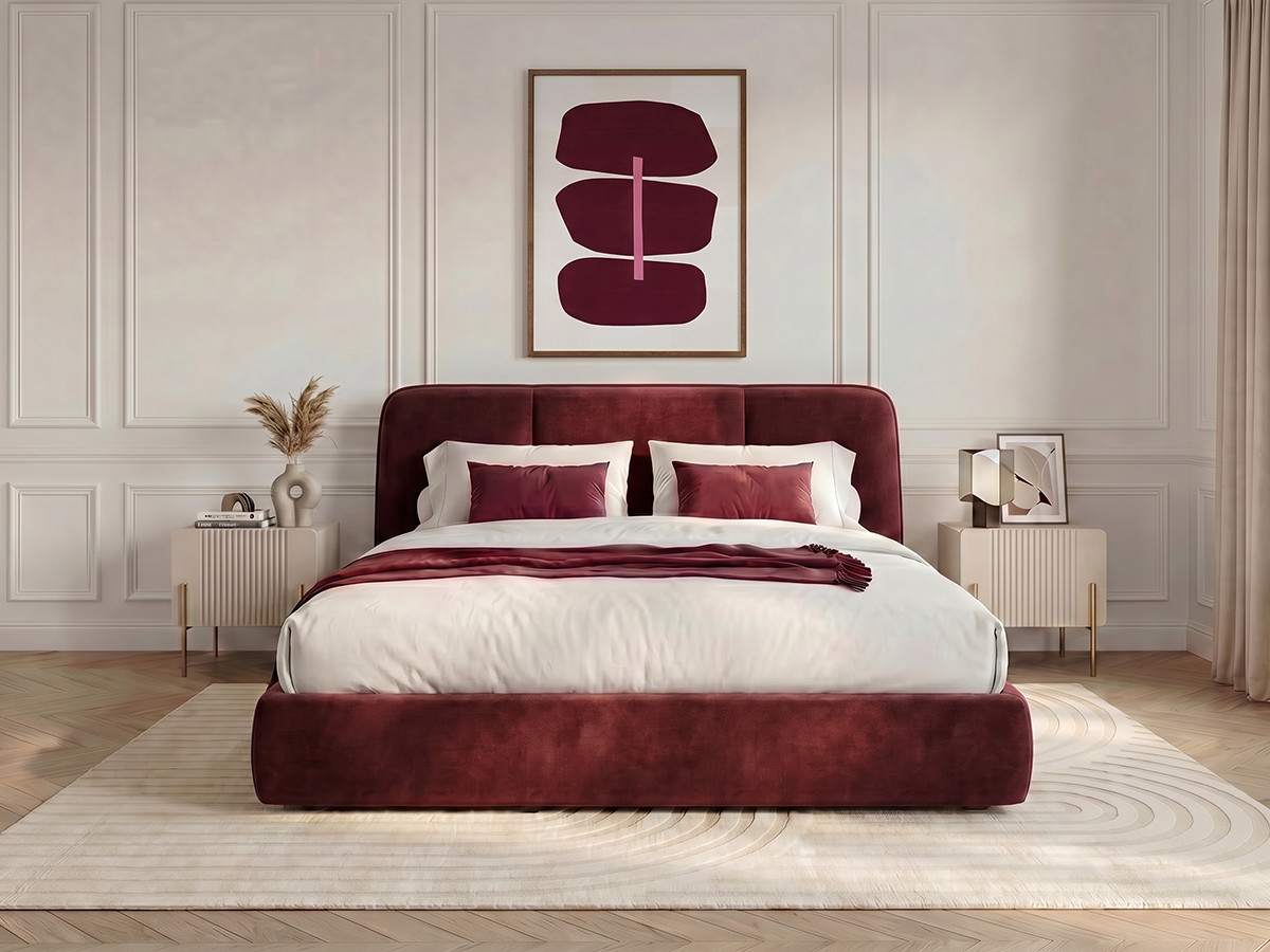 Lit coffre MOONA velours lisse rouge