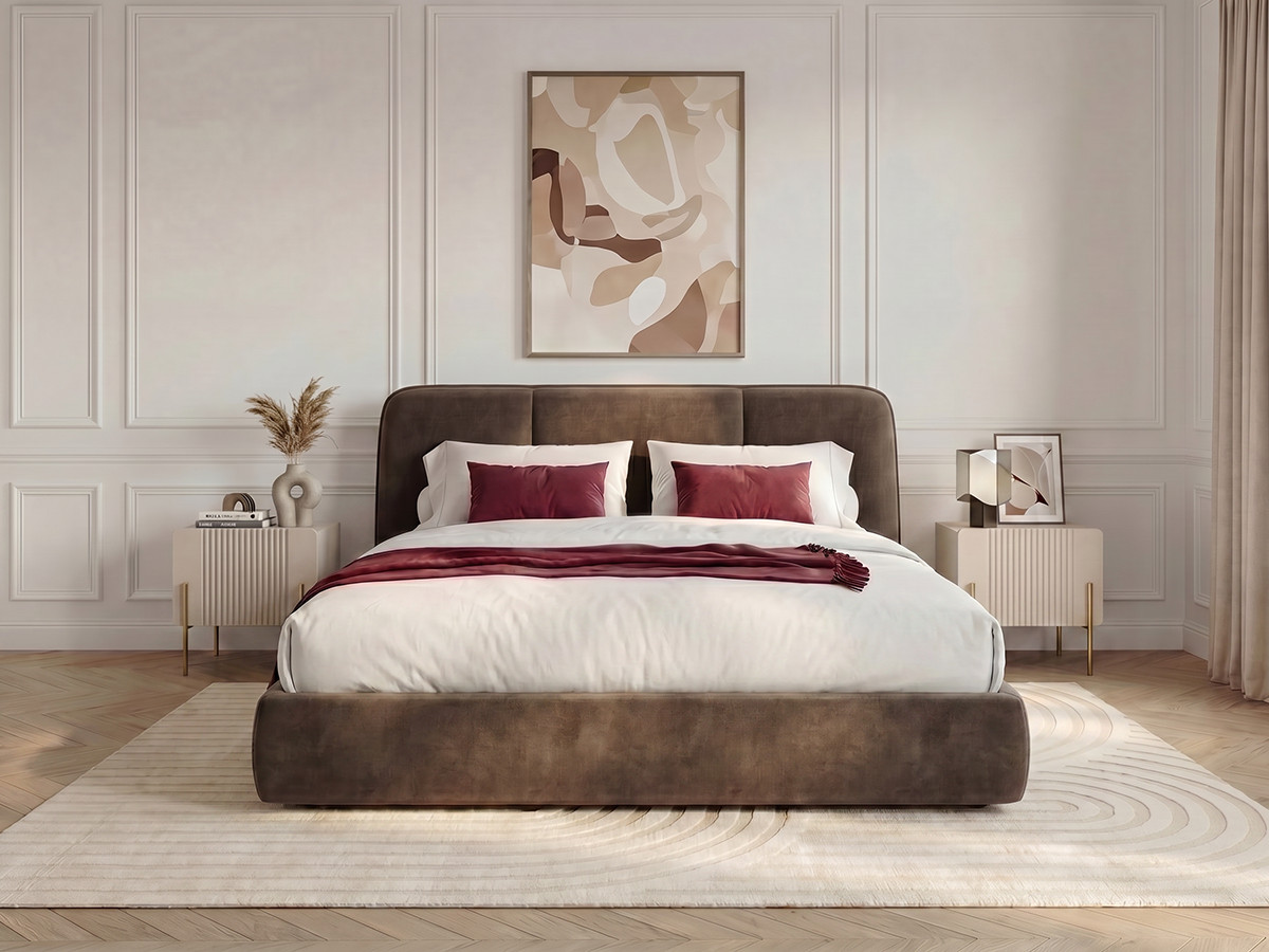 Lit coffre MOONA velours lisse marron