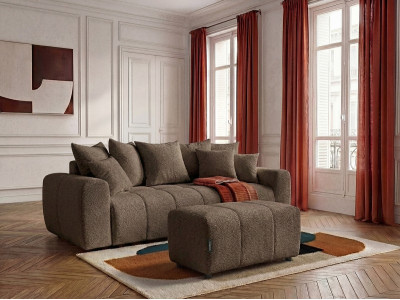 Canapé droit 3 places convertible ROXELANE tissu bouclette avec pouf