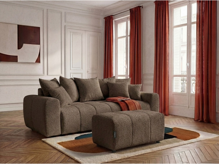 Canapé 3 places convertible ROXELANE tissu bouclette avec pouf