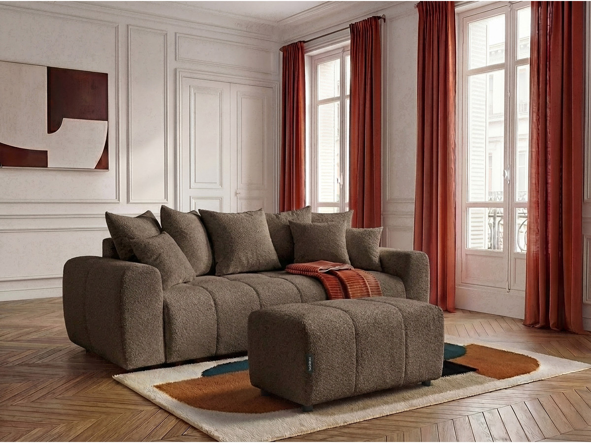 Canapé 3 places convertible ROXELANE tissu bouclette avec pouf