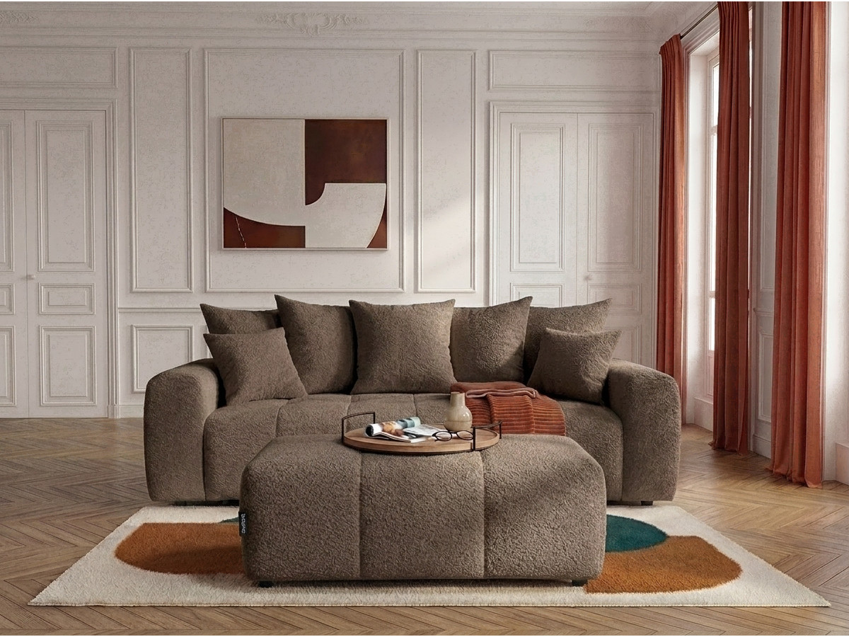 Canapé droit 3 places convertible ROXELANE bouclette avec pouf marron — vue 4