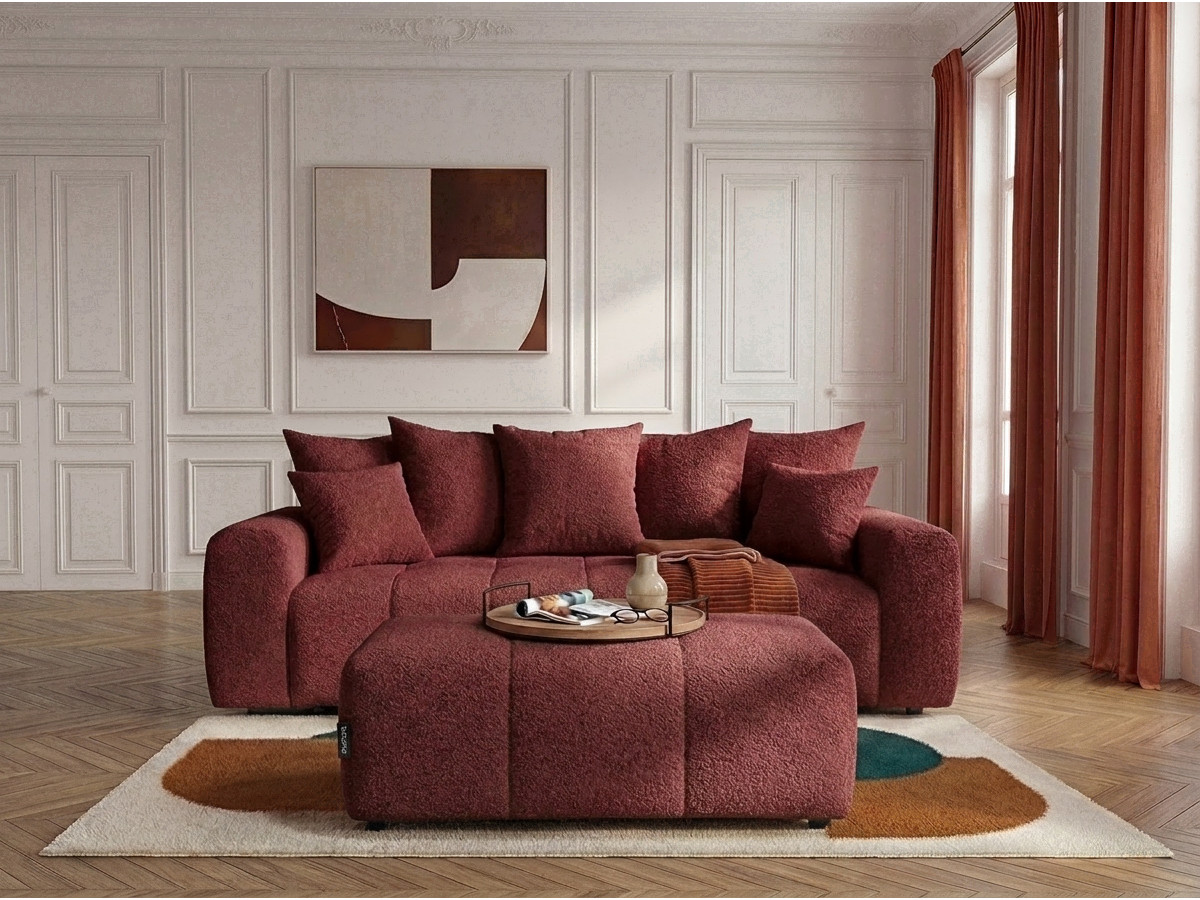 Canapé droit 3 places convertible ROXELANE bouclette avec pouf rouge — vue 4