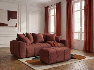 Canapé droit 3 places convertible ROXELANE tissu bouclette avec pouf