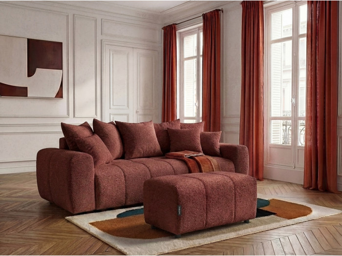 Canapé 3 places convertible ROXELANE tissu bouclette avec pouf