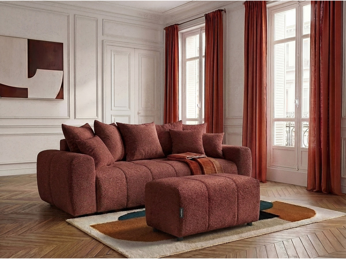 Canapé 3 places convertible ROXELANE tissu bouclette avec pouf