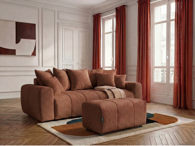 Canapé droit 3 places convertible ROXELANE tissu bouclette avec pouf
