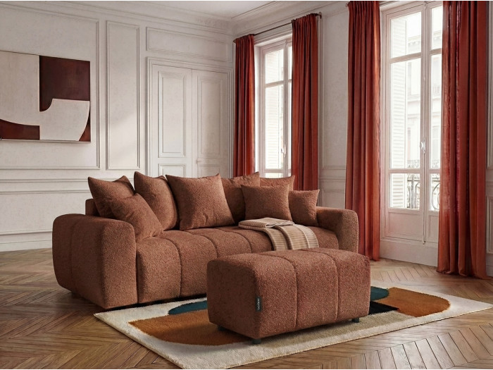 Canapé 3 places convertible ROXELANE tissu bouclette avec pouf