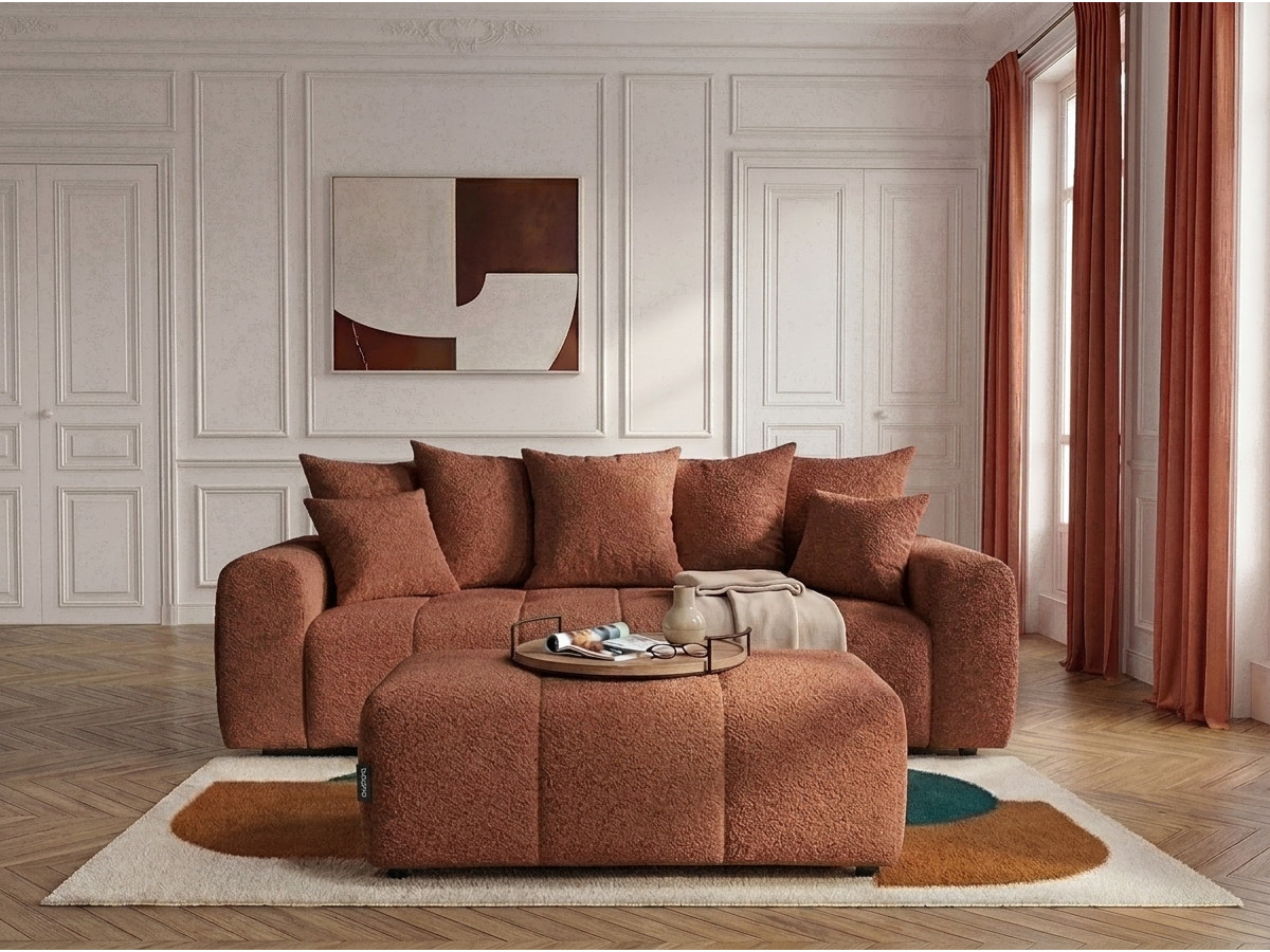 Canapé droit 3 places convertible ROXELANE bouclette avec pouf orange — vue 4