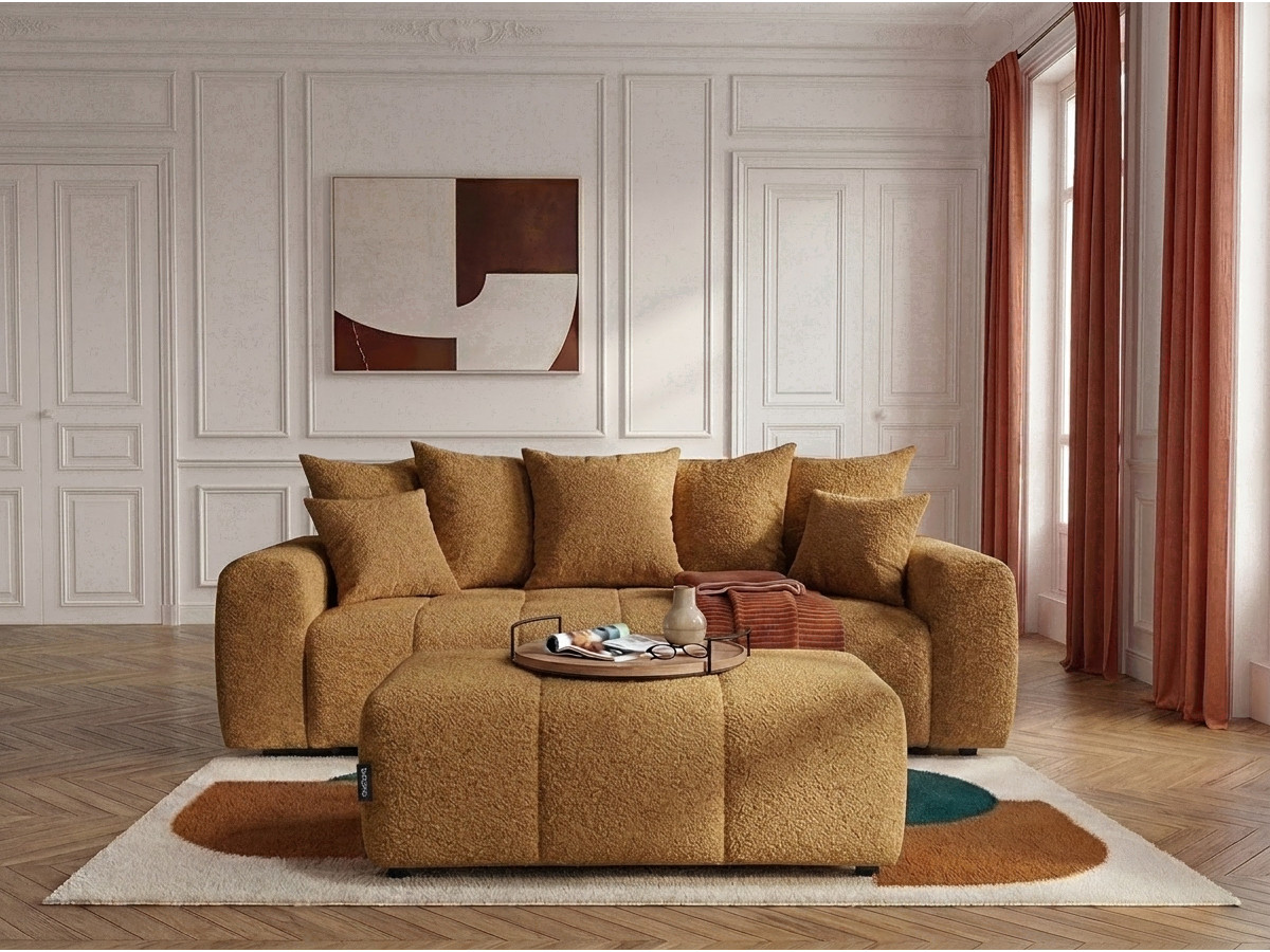 Canapé droit 3 places convertible ROXELANE bouclette avec pouf jaune — vue 4