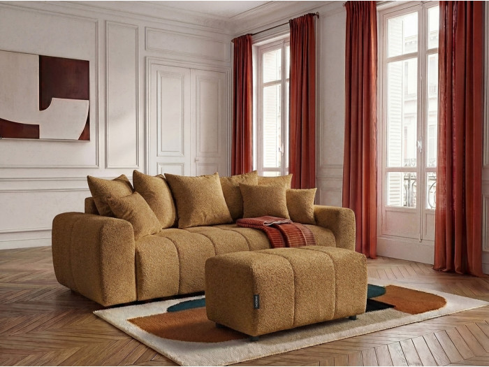 Canapé 3 places convertible ROXELANE tissu bouclette avec pouf