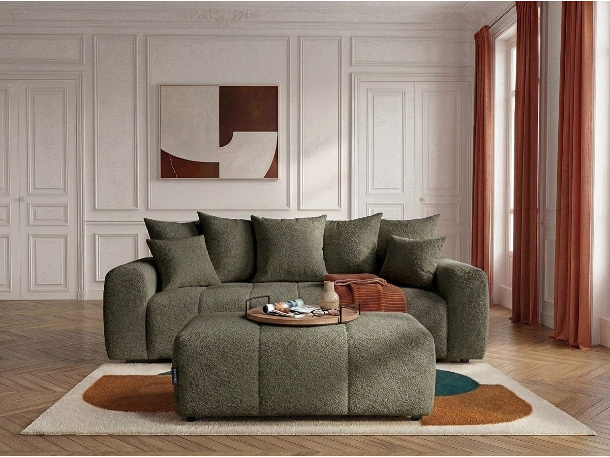 Canapé droit 3 places convertible ROXELANE bouclette avec pouf vert — vue 4