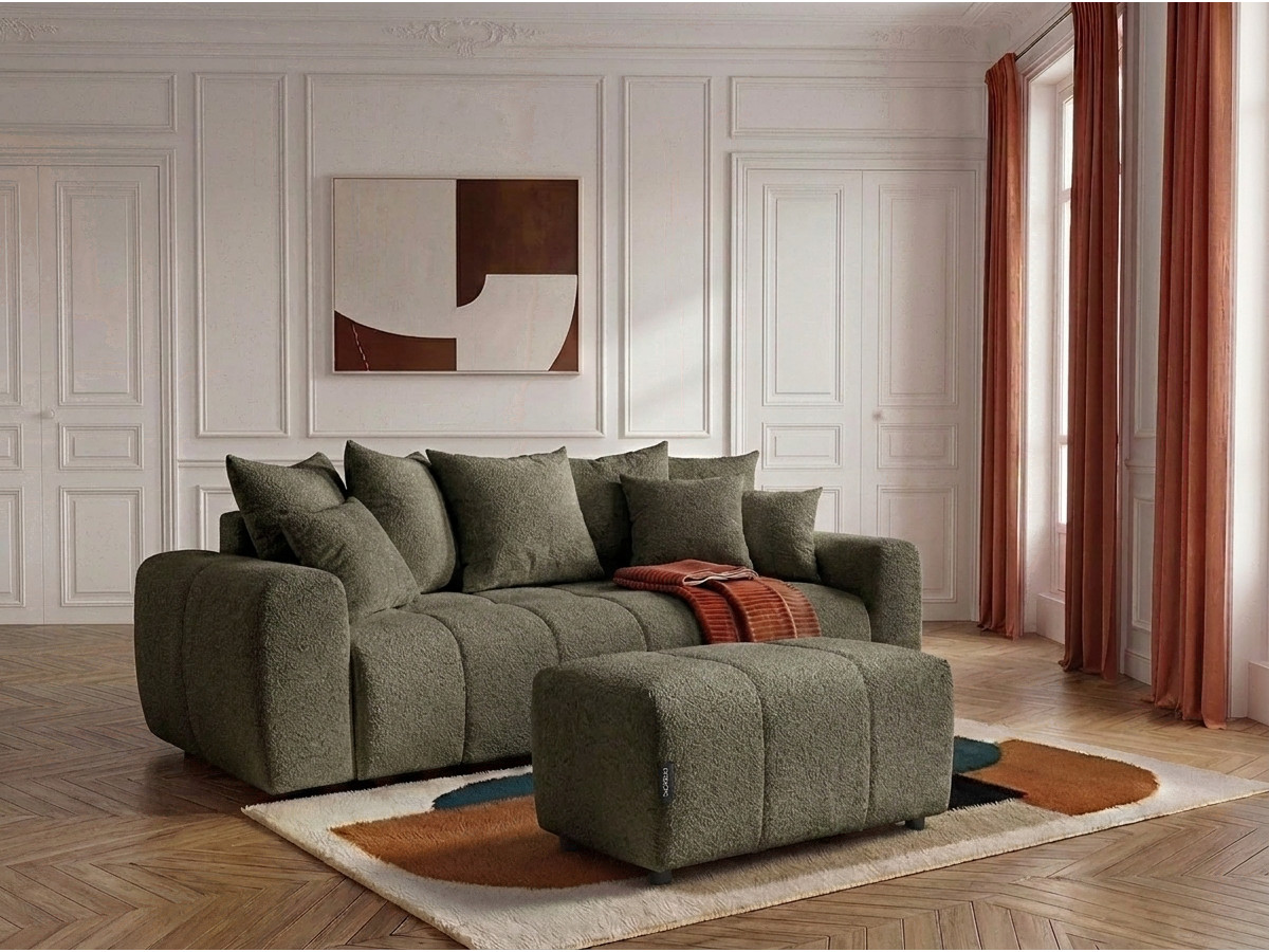 Canapé 3 places convertible ROXELANE tissu bouclette avec pouf