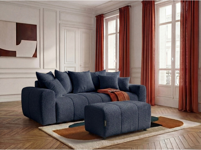 Canapé 3 places convertible ROXELANE tissu bouclette avec pouf