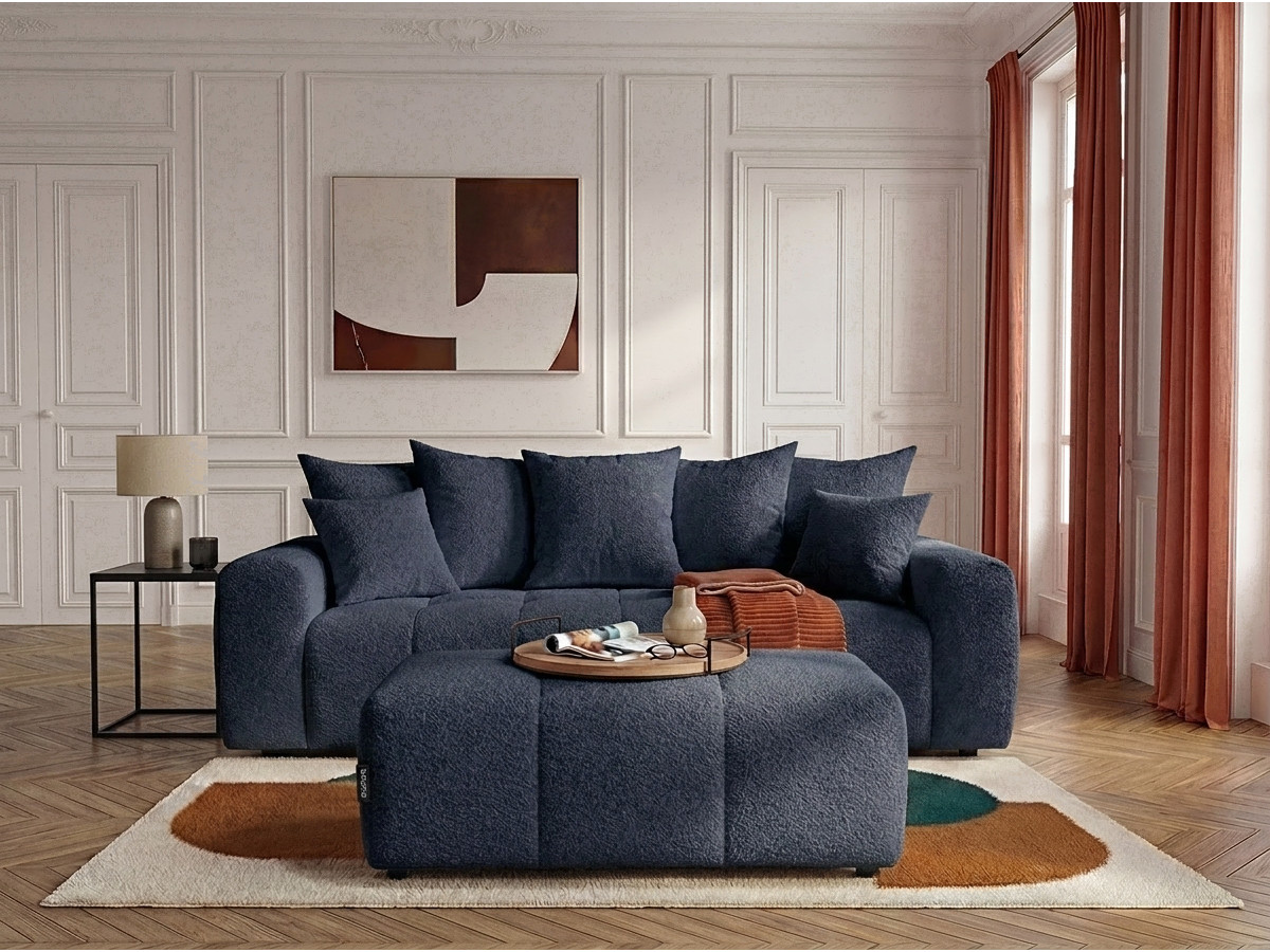 Canapé droit 3 places convertible ROXELANE bouclette avec pouf bleu foncé — vue 4