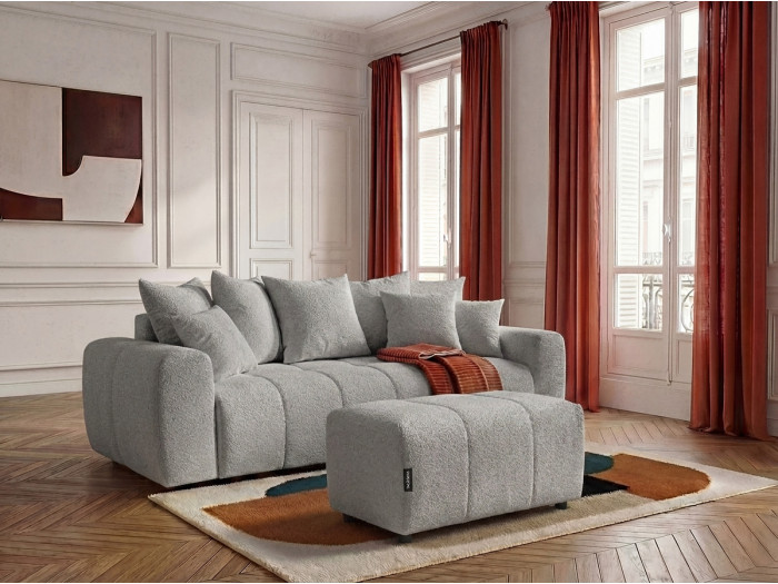 Canapé 3 places convertible ROXELANE tissu bouclette avec pouf