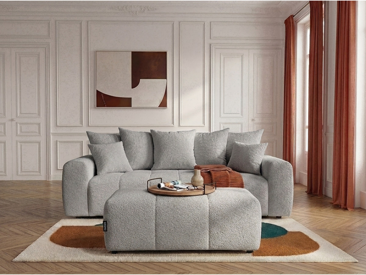 Canapé droit 3 places convertible ROXELANE bouclette avec pouf gris clair — vue 4