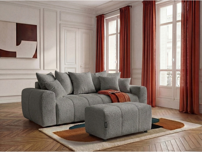 Canapé 3 places convertible ROXELANE tissu bouclette avec pouf