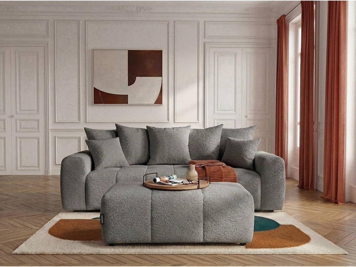 Canapé droit 3 places convertible ROXELANE bouclette avec pouf gris foncé — vue 4