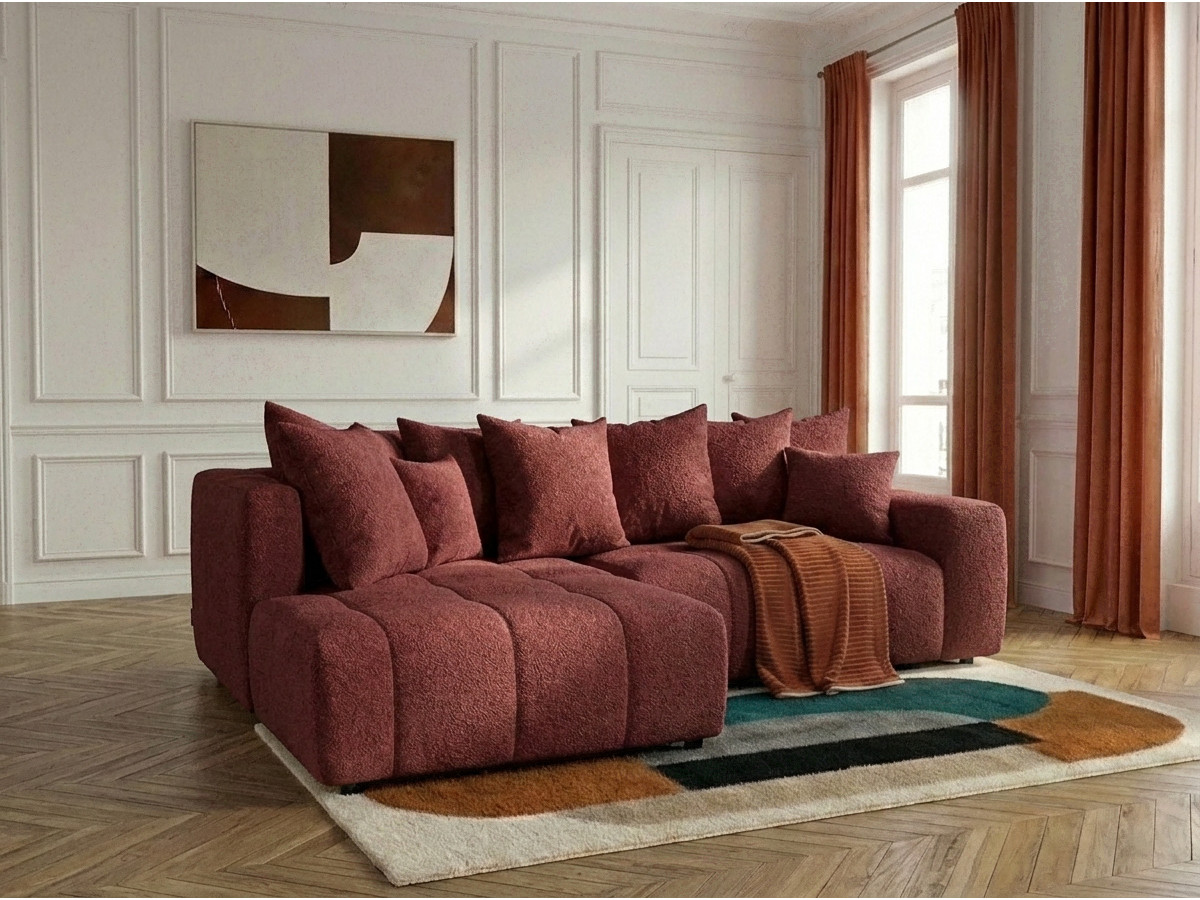 Canapé d'angle L convertible coffre ROXELANE tissu bouclette rouge  angle gauche BOBOCHIC 4 places