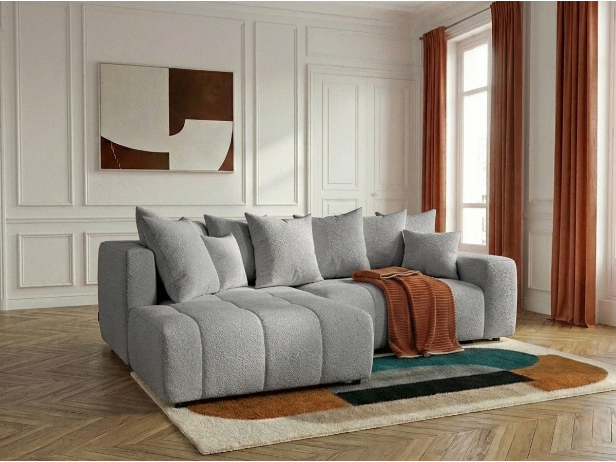 Canapé d'angle L convertible coffre ROXELANE tissu bouclette gris clair angle gauche BOBOCHIC 4 places