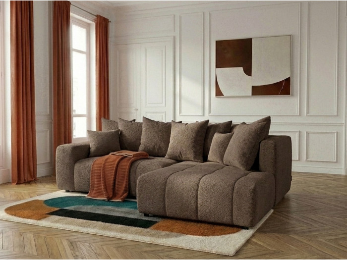 Canapé d'angle L convertible coffre ROXELANE tissu bouclette