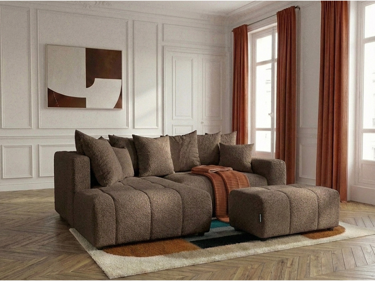 Canapé d'angle L convertible coffre ROXELANE tissu bouclette avec pouf marron  angle gauche BOBOCHIC 4 places