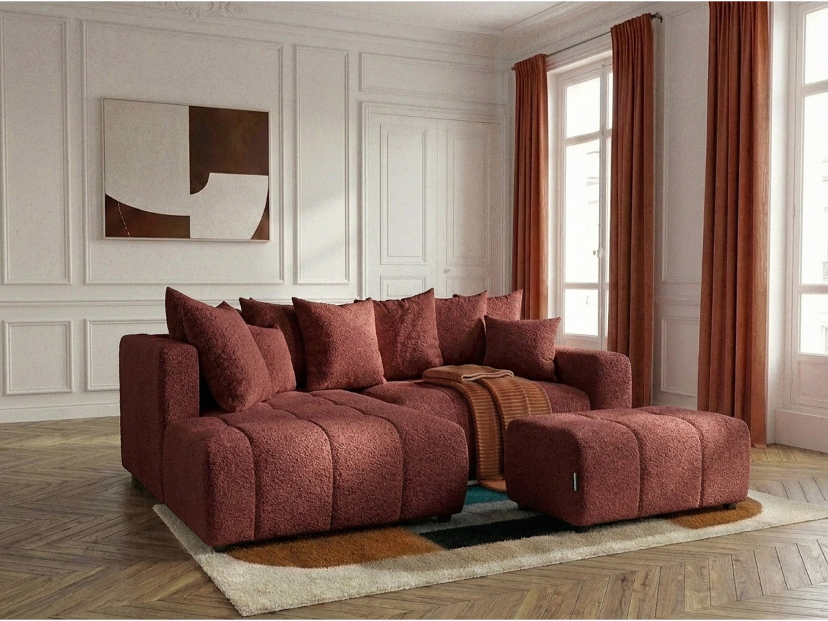 Canapé d'angle L convertible coffre ROXELANE tissu bouclette avec pouf rouge  angle gauche BOBOCHIC 4 places