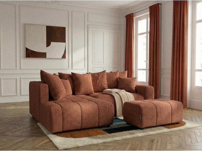 Canapé d'angle L convertible coffre ROXELANE tissu bouclette avec pouf