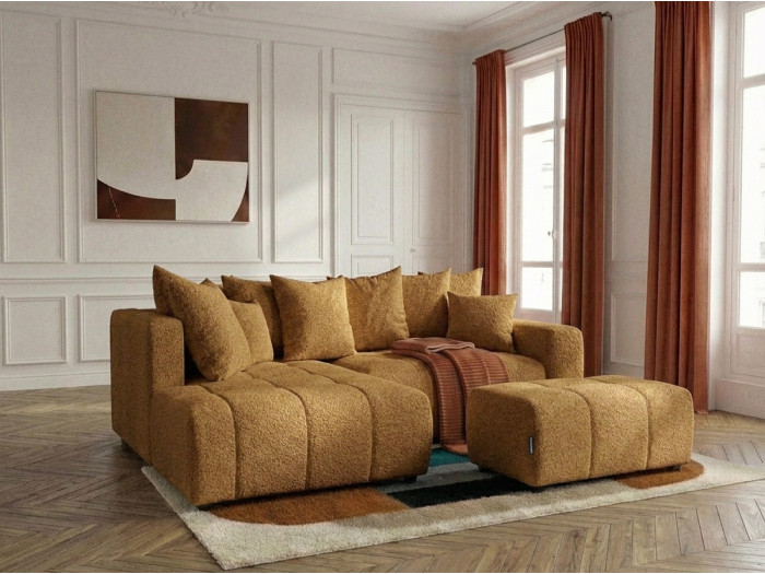 Canapé d'angle L convertible coffre ROXELANE tissu bouclette avec pouf