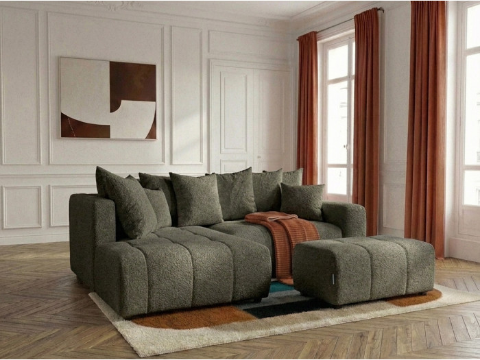 Canapé d'angle L convertible coffre ROXELANE tissu bouclette avec pouf