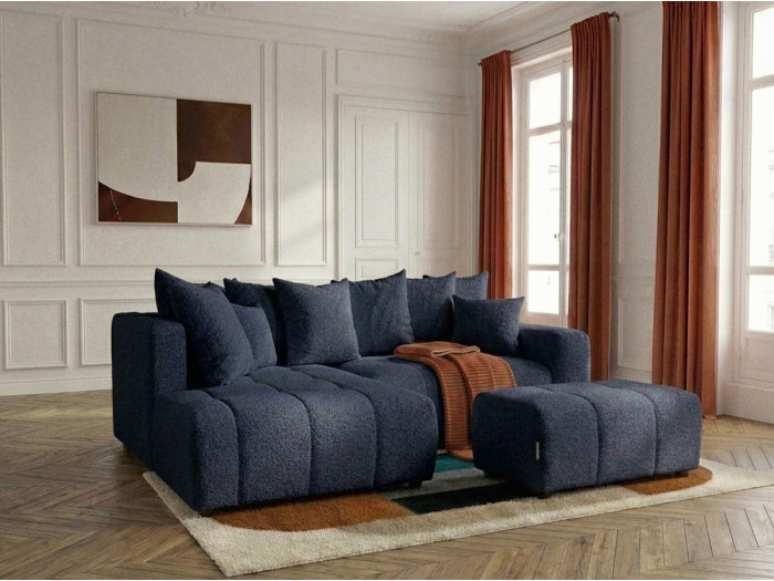Canapé d'angle L convertible coffre ROXELANE tissu bouclette avec pouf