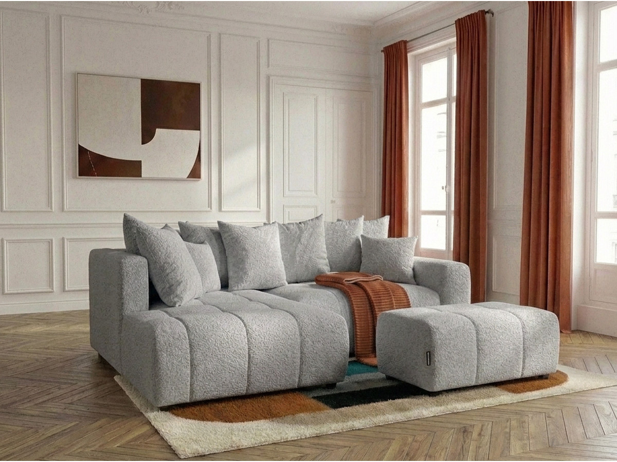 Canapé d'angle L convertible coffre ROXELANE tissu bouclette avec pouf gris clair angle gauche BOBOCHIC 4 places