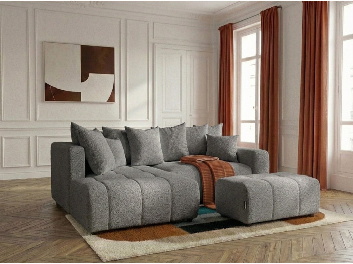 Canapé d'angle L convertible coffre ROXELANE tissu bouclette avec pouf