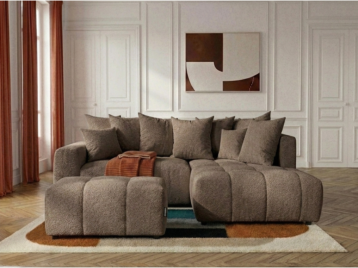 Canapé d'angle L convertible coffre ROXELANE bouclette avec pouf marron — vue 4