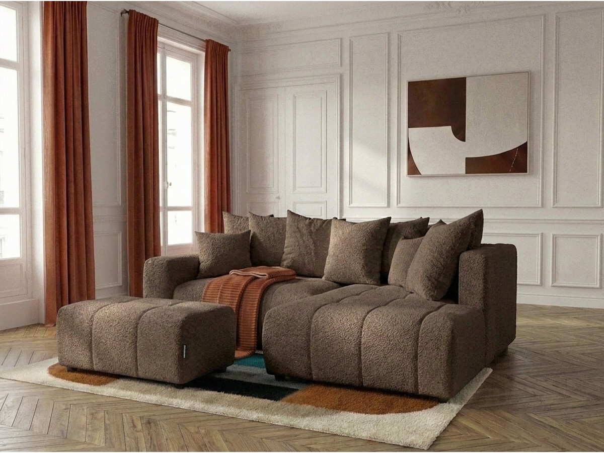 Canapé d'angle L convertible coffre ROXELANE tissu bouclette avec pouf