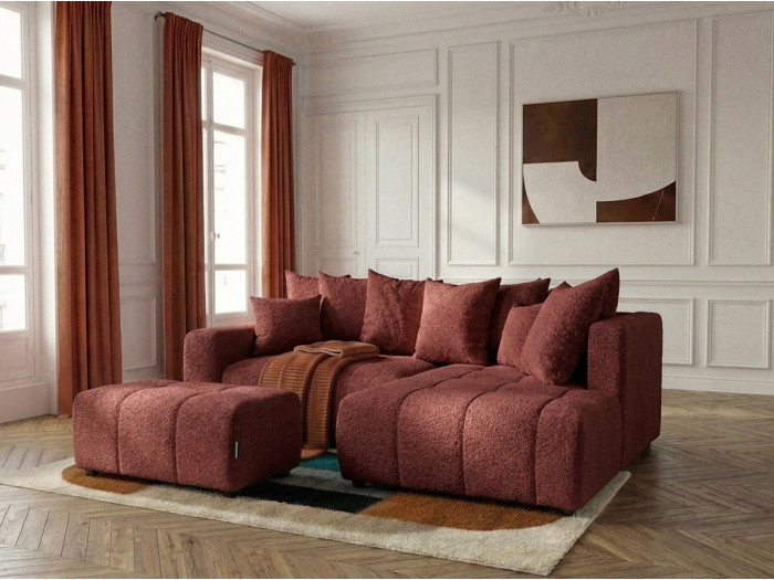 Canapé d'angle L convertible coffre ROXELANE tissu bouclette avec pouf