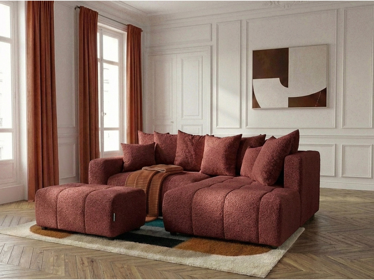 Canapé d'angle L convertible coffre ROXELANE tissu bouclette avec pouf