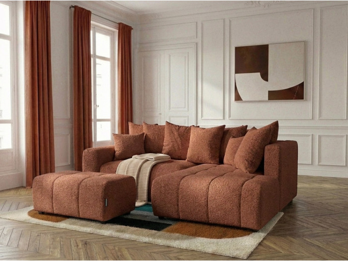 Canapé d'angle L convertible coffre ROXELANE tissu bouclette avec pouf