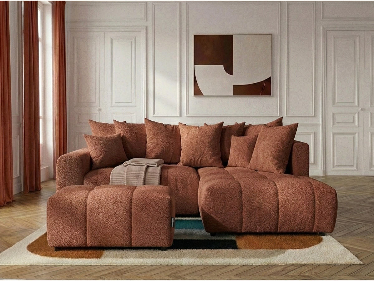 Canapé d'angle L convertible coffre ROXELANE bouclette avec pouf orange — vue 4