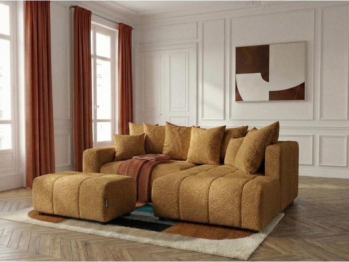 Canapé d'angle L convertible coffre ROXELANE tissu bouclette avec pouf