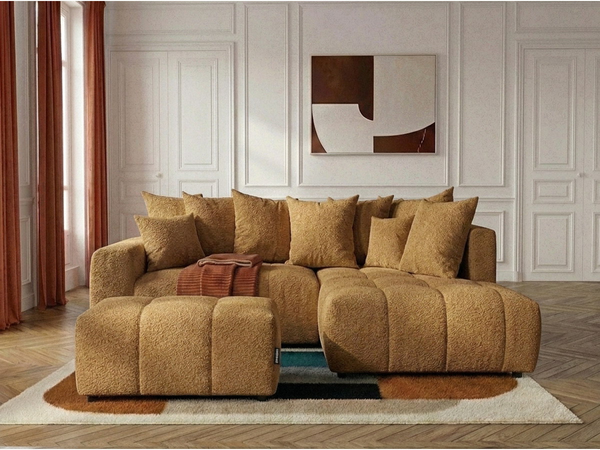 Canapé d'angle L convertible coffre ROXELANE bouclette avec pouf jaune — vue 4