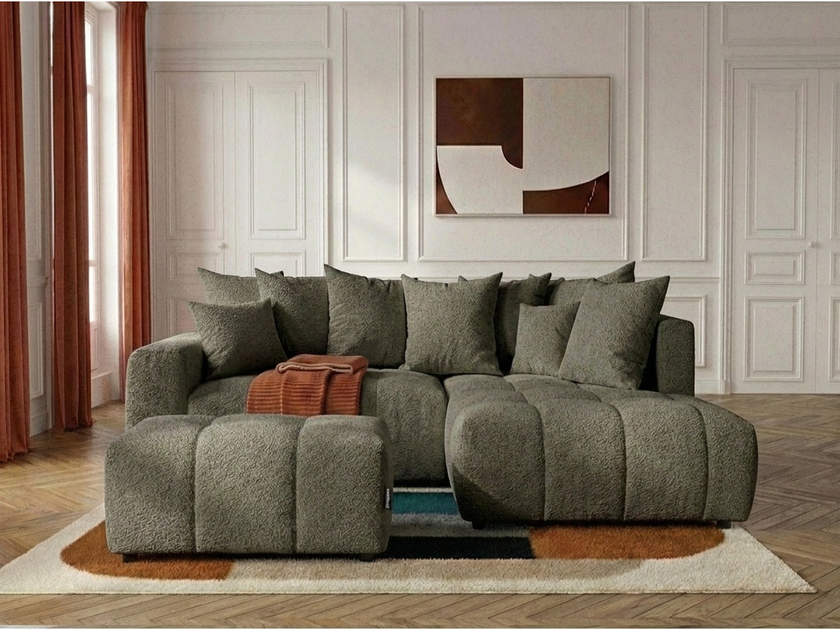 Canapé d'angle L convertible coffre ROXELANE bouclette avec pouf vert — vue 4