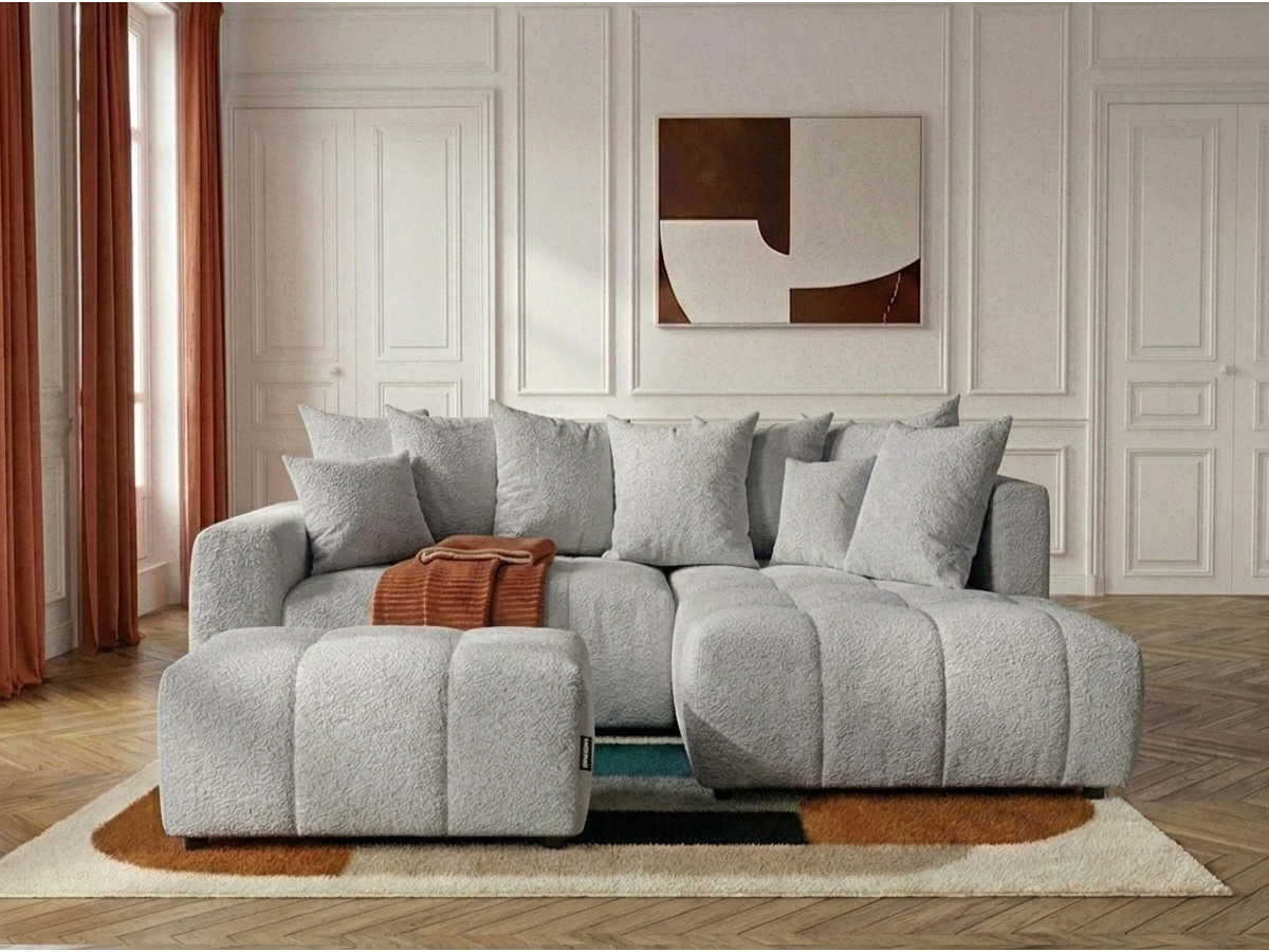 Canapé d'angle L convertible coffre ROXELANE bouclette avec pouf gris clair — vue 4