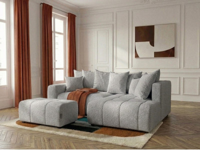 Canapé d'angle L convertible coffre ROXELANE tissu bouclette avec pouf