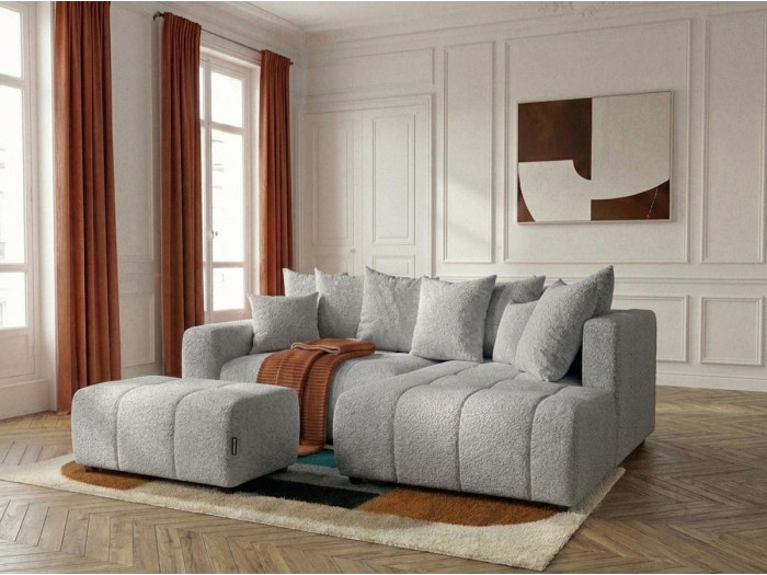 Canapé d'angle L convertible coffre ROXELANE tissu bouclette avec pouf