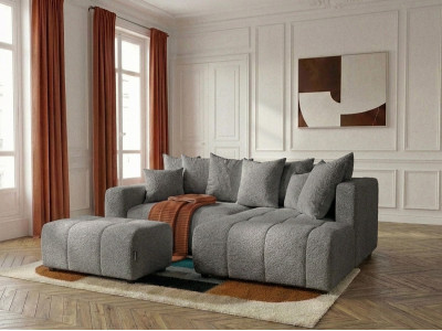 Canapé d'angle L convertible coffre ROXELANE tissu bouclette avec pouf